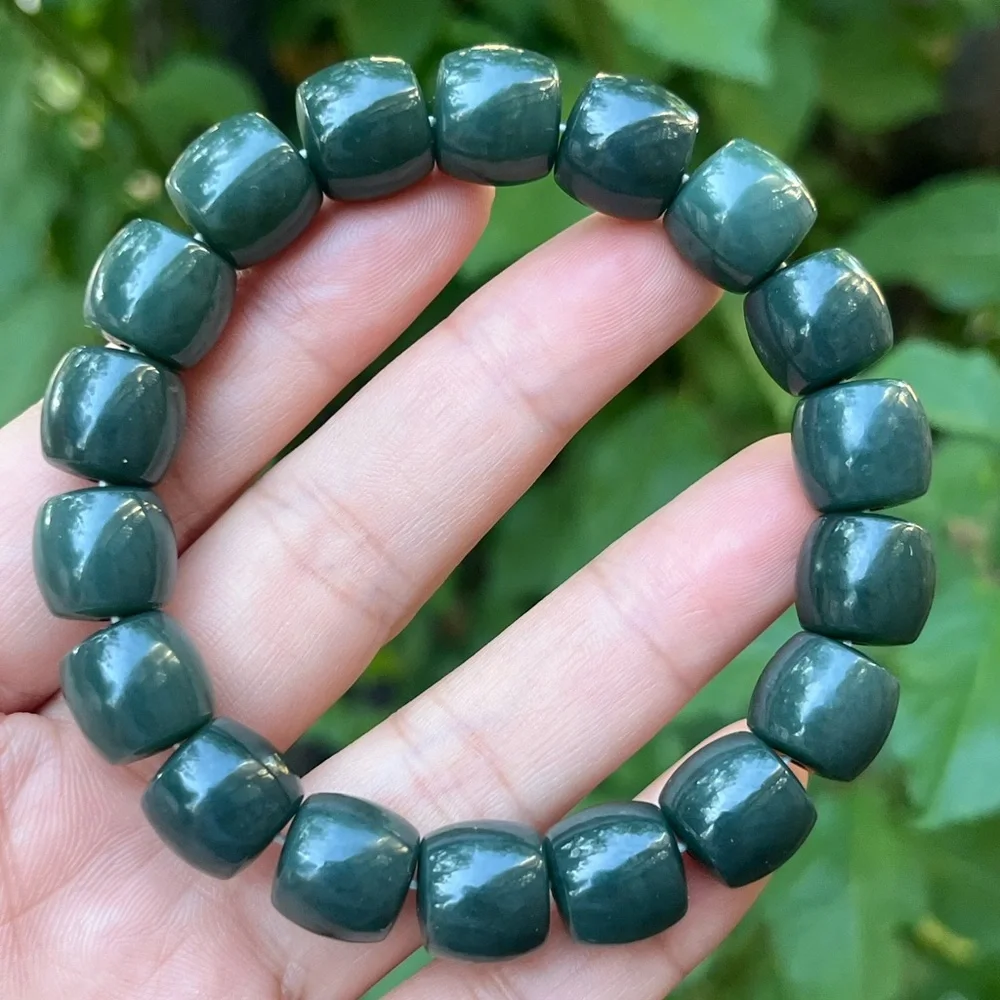 12mm stretchable barrel shape‎ dark green jade bracelet 1513